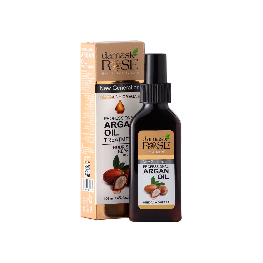 روغن مغذی و ترمیم کننده مو داماسک رز مدل ARGAN OIL حاوی روغن آرگان، امگا 3 و امگا 6 حجم 100 میل